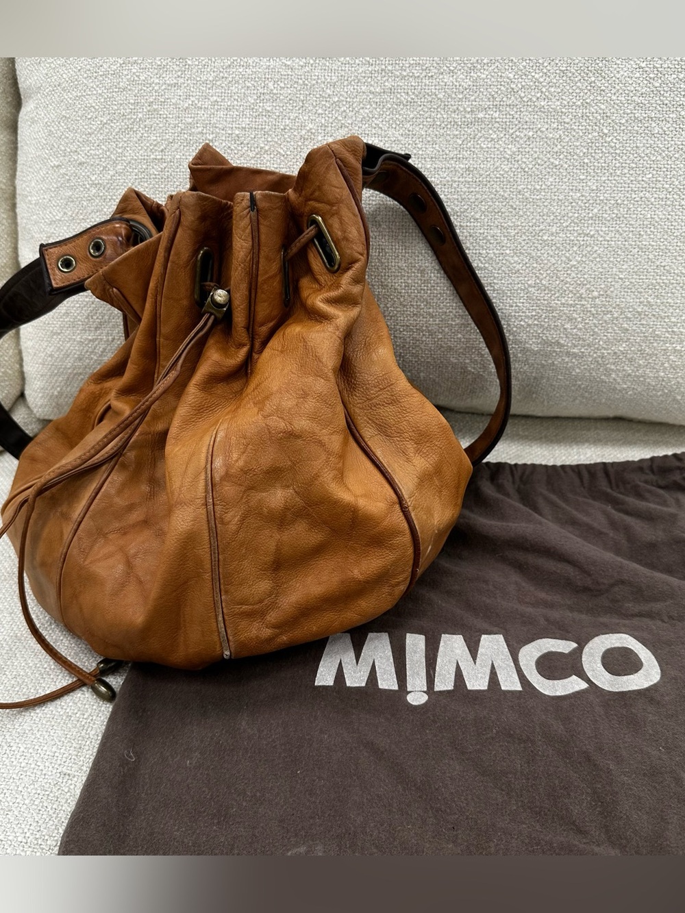 MIMCO Sash Cocoon Leather Caramel Brown Drawstring Bucket Hobo Shoulder Bag